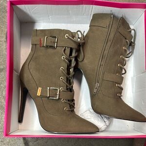 Khaki Lace-Up Stiletto Heeled Boots